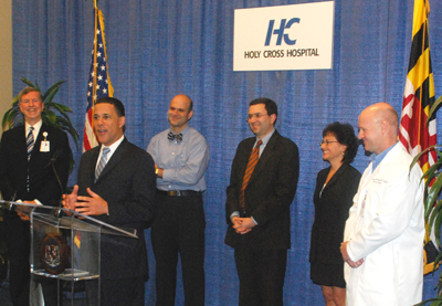 Lt. Governor Anthony Brown announces that 100% of Maryland hospitals now participate in the Maryland Health Information Exchange at a press conference at Holy Cross Hospital